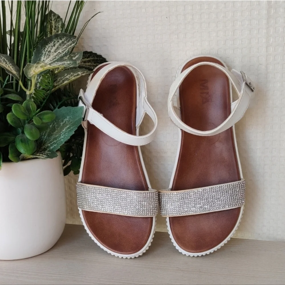 Girl Mia Ankle Strap Platform Sandals,  White with Silver Rhinestones Size 3
